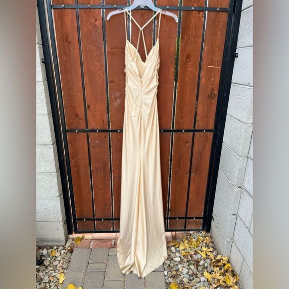 La Femme Long Criss Cross Back Dress Gown 28206 in Nude Size 2 - Picture 5 of 7